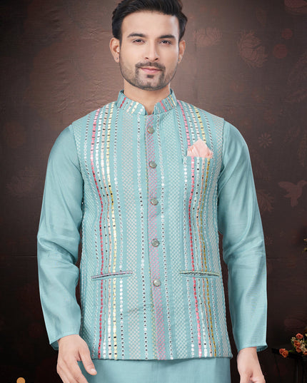 Sky Blue Pure Silk Mens Kurta Pajama Set with Jacket
