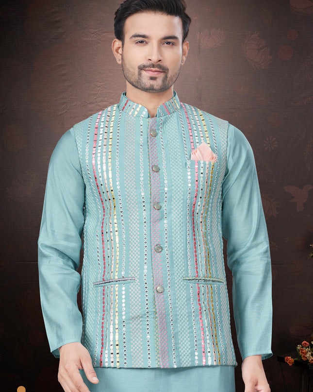 Sky Blue Pure Silk Mens Kurta Pajama Set with Jacket
