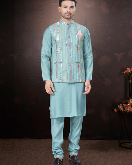 Sky Blue Pure Silk Mens Kurta Pajama Set with Jacket
