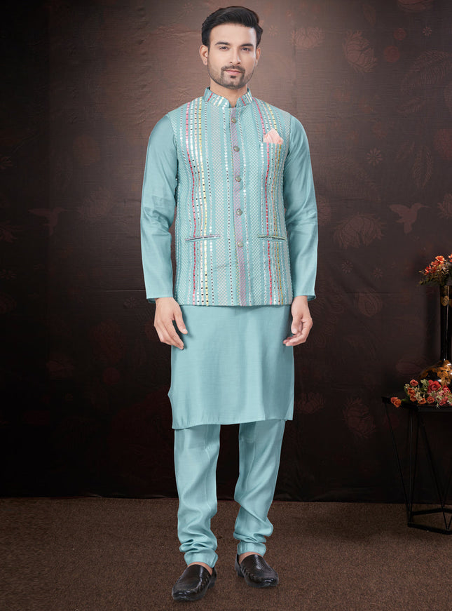 Sky Blue Pure Silk Mens Kurta Pajama Set with Jacket