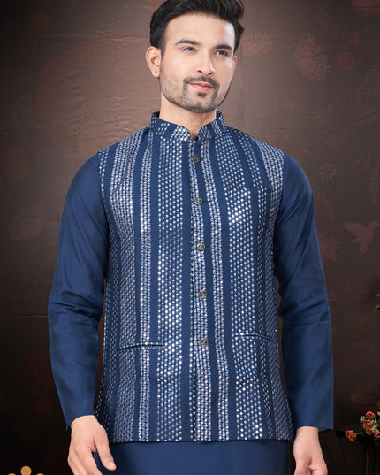 Navy Blue Pure Silk Mens Kurta Pajama Set with Jacket
