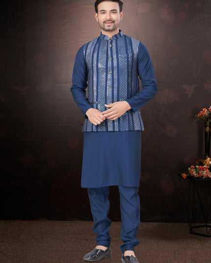 Navy Blue Pure Silk Mens Kurta Pajama Set with Jacket