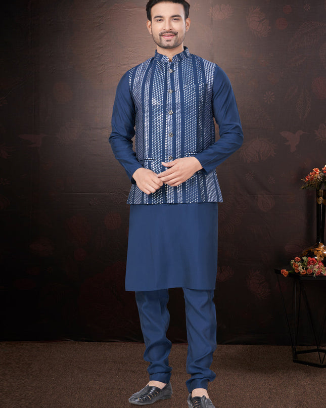 Navy Blue Pure Silk Mens Kurta Pajama Set with Jacket