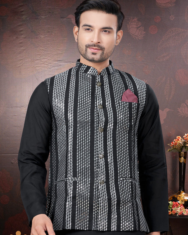 Black Pure Silk Mens Kurta Pajama Set with Jacket