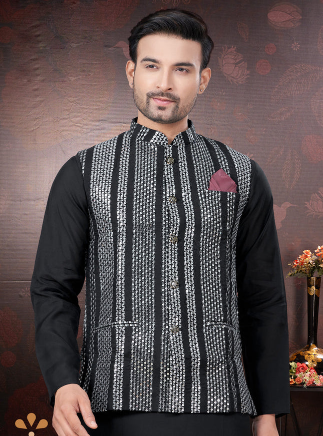 Black Pure Silk Mens Kurta Pajama Set with Jacket