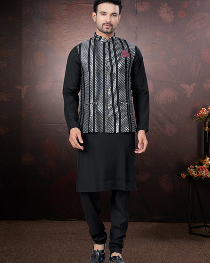 Black Pure Silk Mens Kurta Pajama Set with Jacket