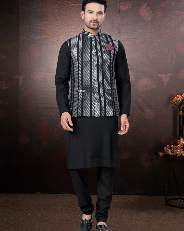 Black Pure Silk Mens Kurta Pajama Set with Jacket