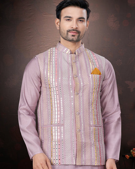 Pink Pure Silk Mens Kurta Pajama Set with Jacket