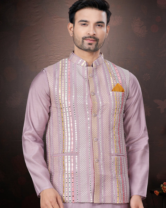 Pink Pure Silk Mens Kurta Pajama Set with Jacket