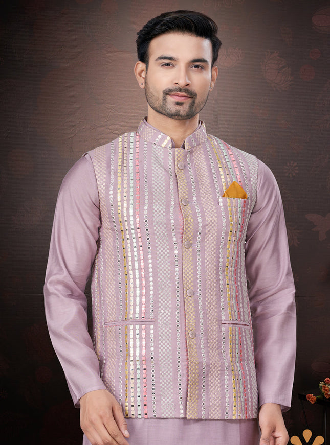 Pink Pure Silk Mens Kurta Pajama Set with Jacket