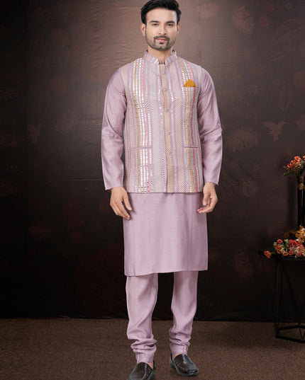 Pink Pure Silk Mens Kurta Pajama Set with Jacket