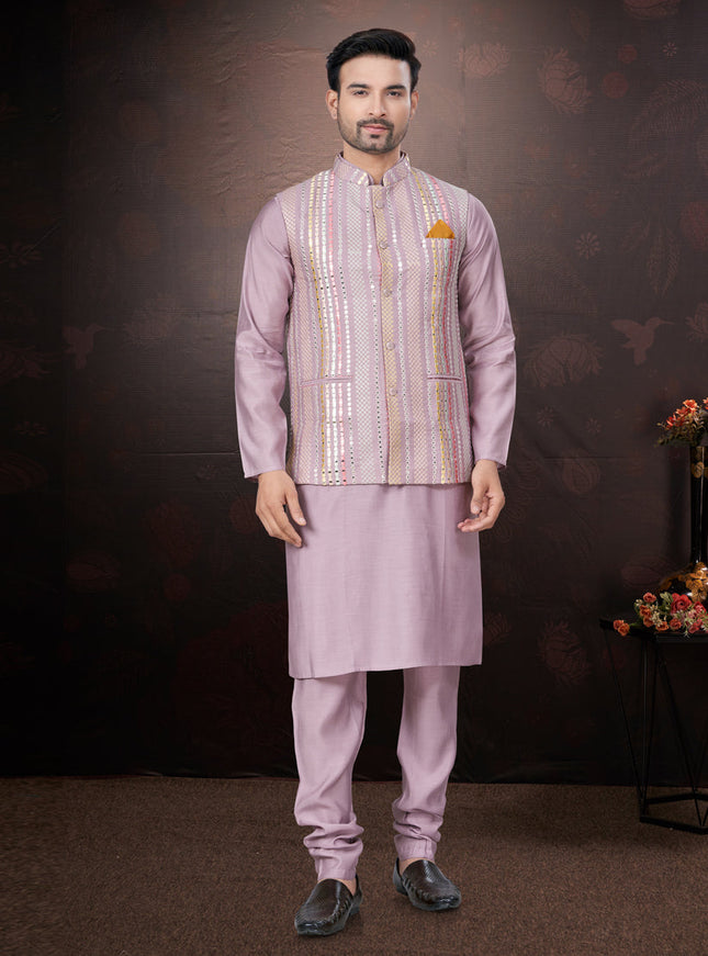 Pink Pure Silk Mens Kurta Pajama Set with Jacket