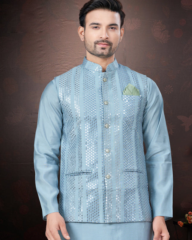 Sky Blue Pure Silk Mens Kurta Pajama Set with Jacket