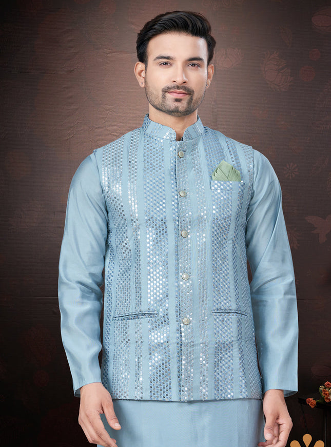 Sky Blue Pure Silk Mens Kurta Pajama Set with Jacket