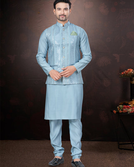 Sky Blue Pure Silk Mens Kurta Pajama Set with Jacket