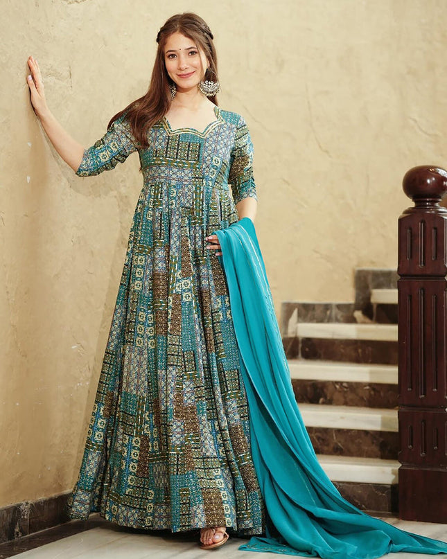Turquoise Blue Heavy Digital Printed Gown