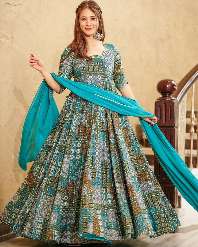 Turquoise Blue Heavy Digital Printed Gown