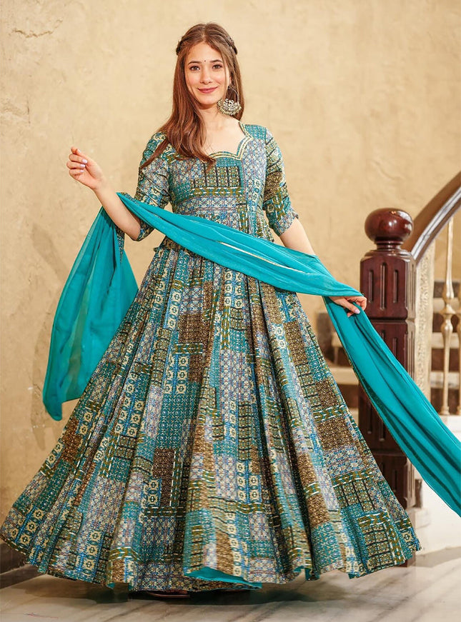 Turquoise Blue Heavy Digital Printed Gown