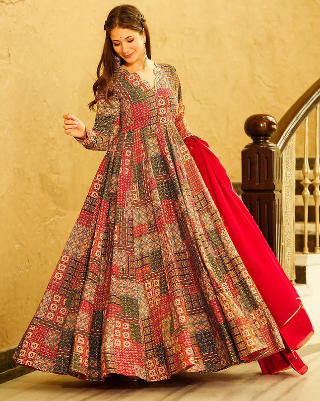 Red Heavy Digital Printed Gown