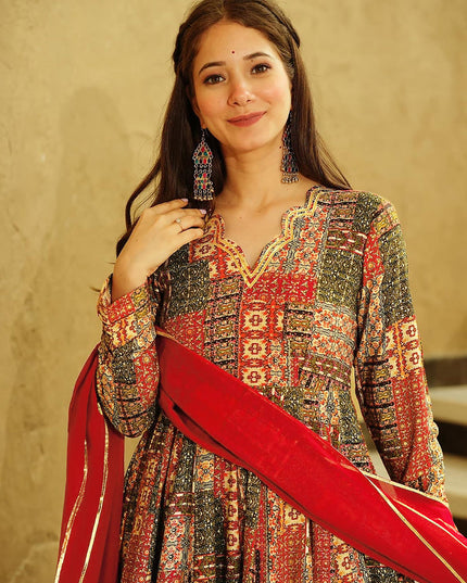 Red Heavy Digital Printed Gown