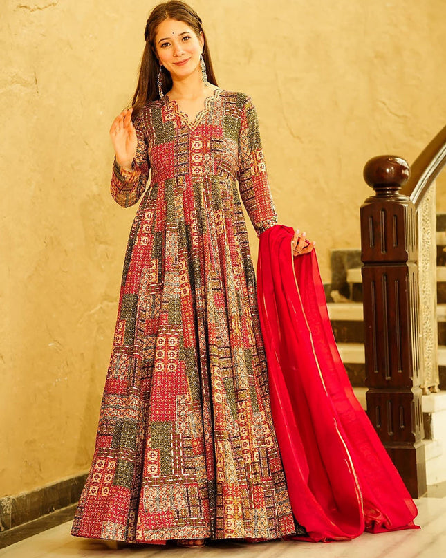 Red Heavy Digital Printed Gown