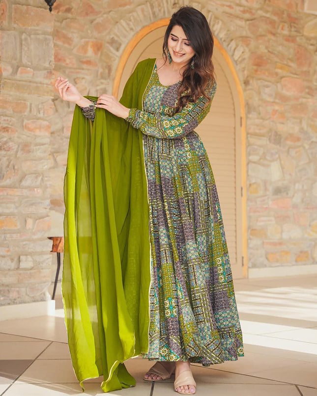 Olive Green Heavy Digital Printed Gown