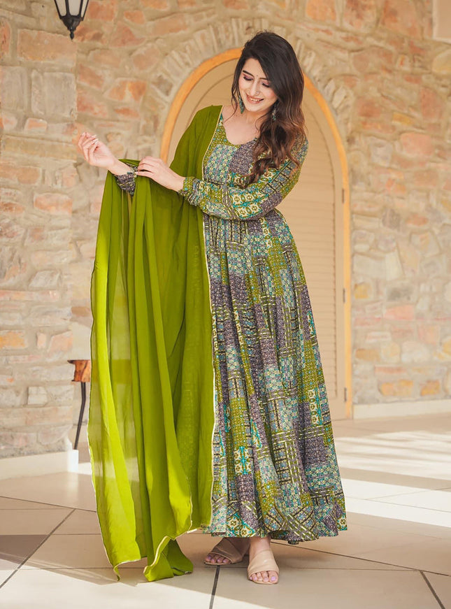 Olive Green Heavy Digital Printed Gown