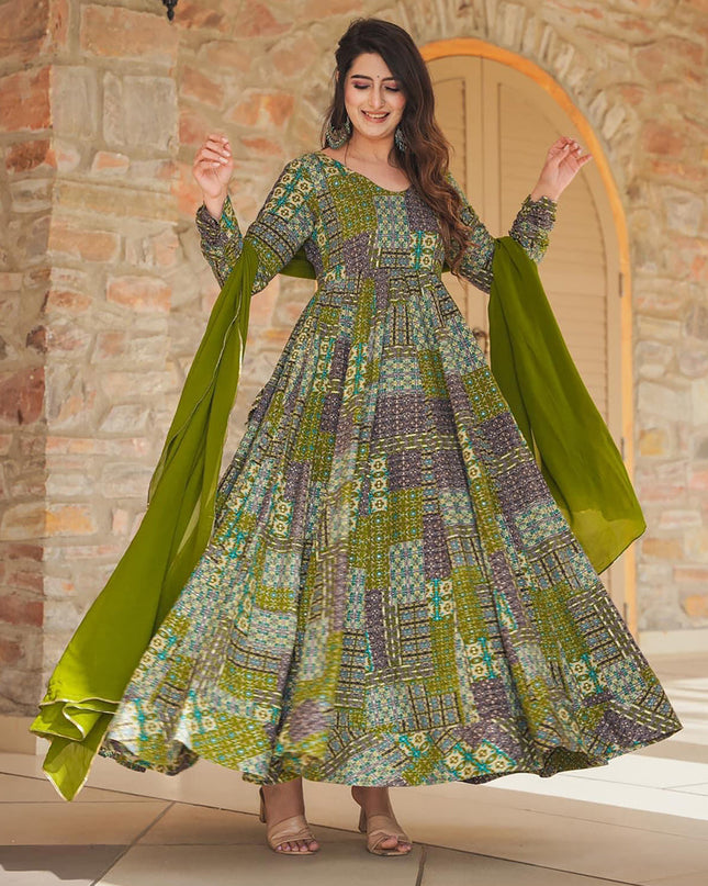 Olive Green Heavy Digital Printed Gown