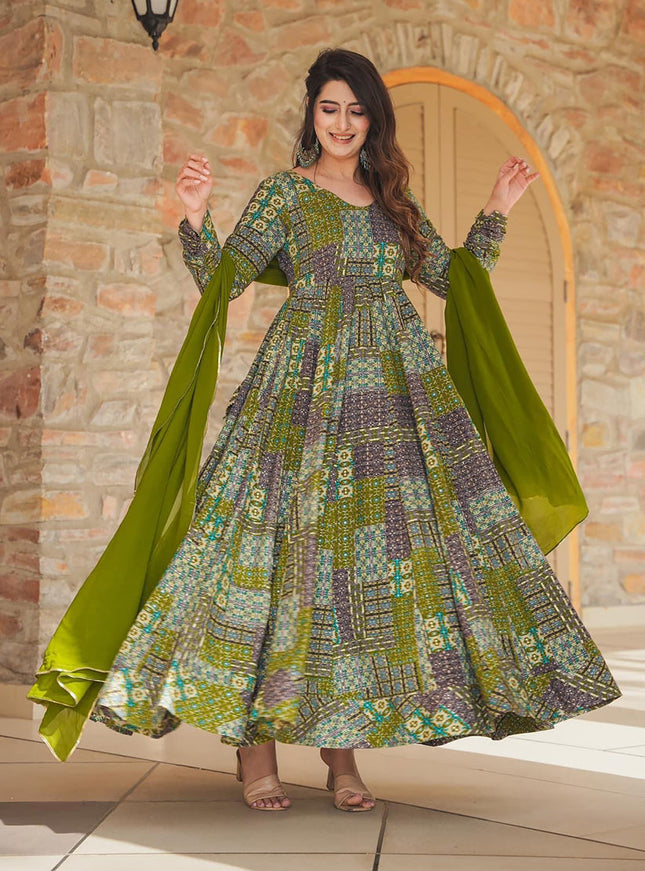 Olive Green Heavy Digital Printed Gown