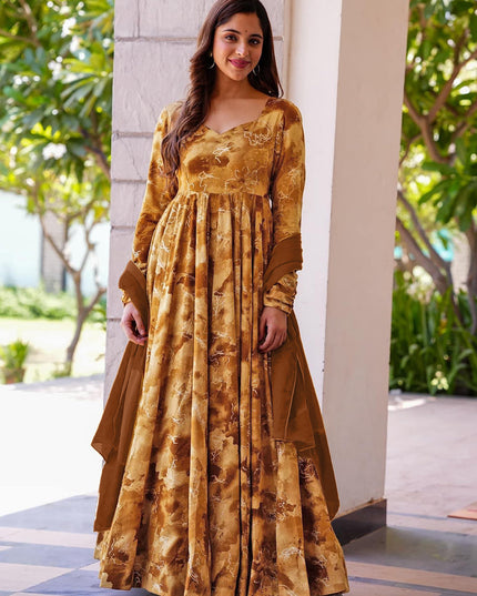 Mustard Yellow Heavy Digital Printed Gown