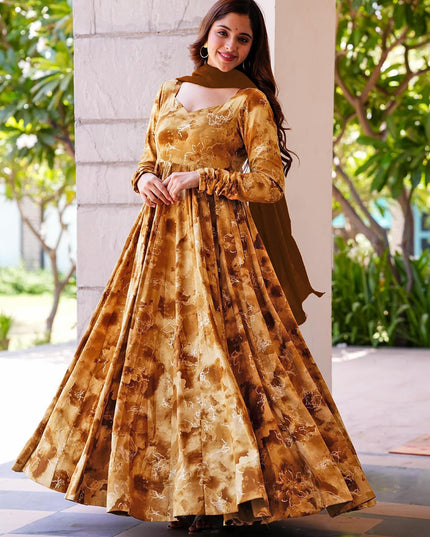 Mustard Yellow Heavy Digital Printed Gown