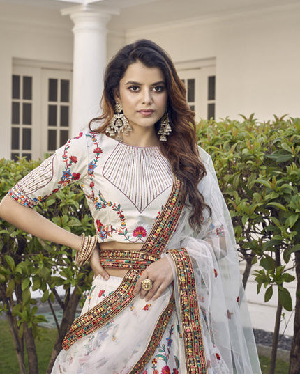 Stylish White Silk Embroidered Wedding Lehenga Choli