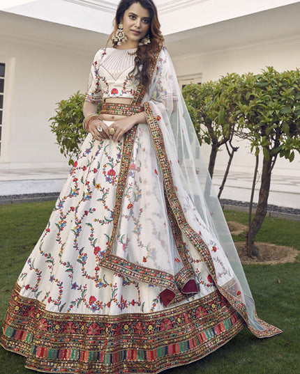 Stylish White Silk Embroidered Wedding Lehenga Choli