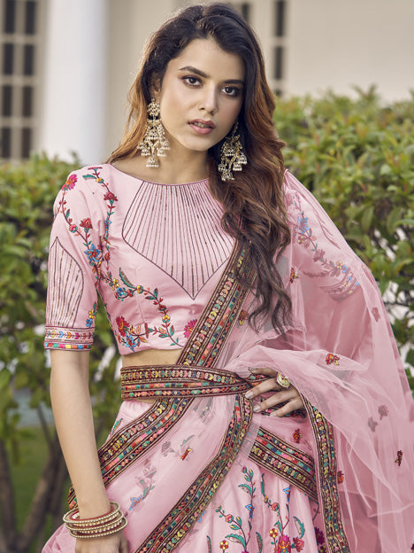 Beautiful Rose Pink Silk Embroidered Wedding Lehenga Choli