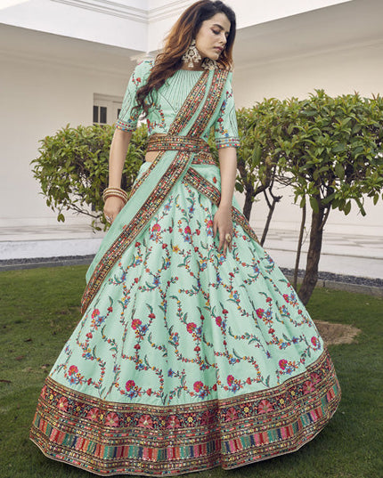 Voguish Aqua Mint Silk Embroidered Wedding Lehenga Choli