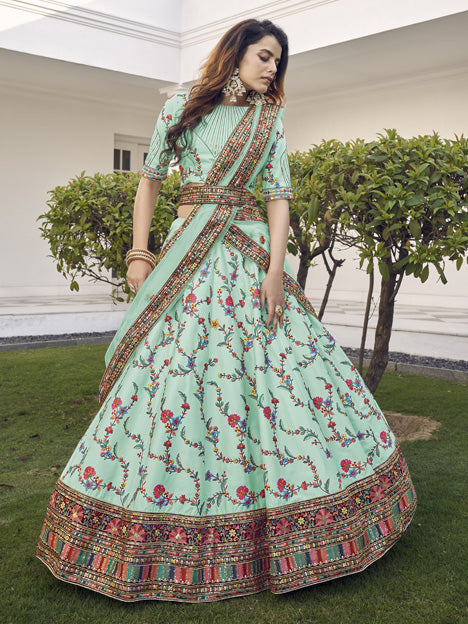 Voguish Aqua Mint Silk Embroidered Wedding Lehenga Choli
