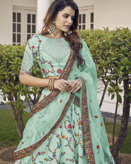 Voguish Aqua Mint Silk Embroidered Wedding Lehenga Choli
