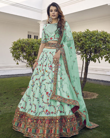 Voguish Aqua Mint Silk Embroidered Wedding Lehenga Choli