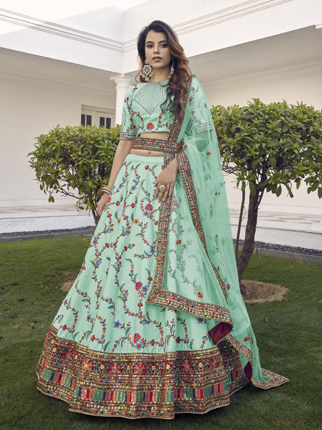 Voguish Aqua Mint Silk Embroidered Wedding Lehenga Choli