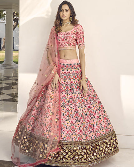 Striking Coral Pink Art Silk Embroidered Wedding Lehenga Choli
