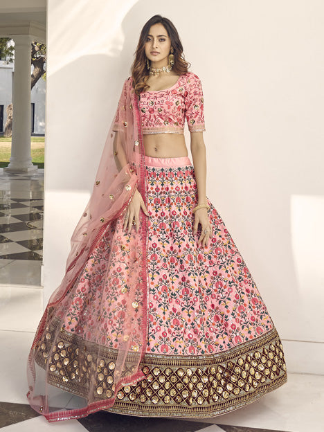 Striking Coral Pink Art Silk Embroidered Wedding Lehenga Choli
