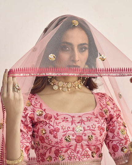 Striking Coral Pink Art Silk Embroidered Wedding Lehenga Choli