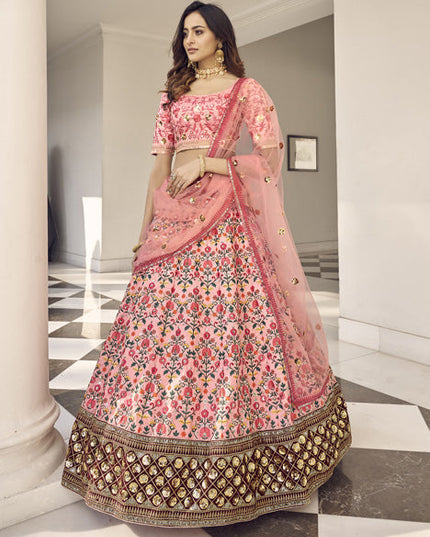 Striking Coral Pink Art Silk Embroidered Wedding Lehenga Choli