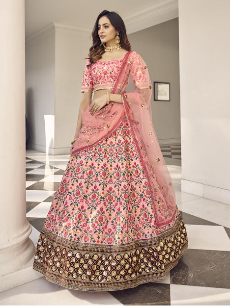 Striking Coral Pink Art Silk Embroidered Wedding Lehenga Choli