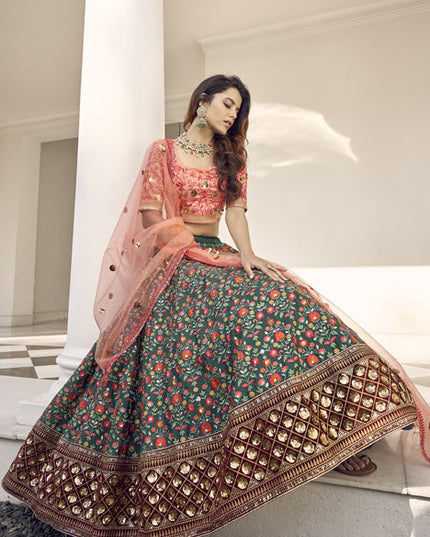 Flawless Pine Green Art Silk Embroidered Wedding Lehenga Choli