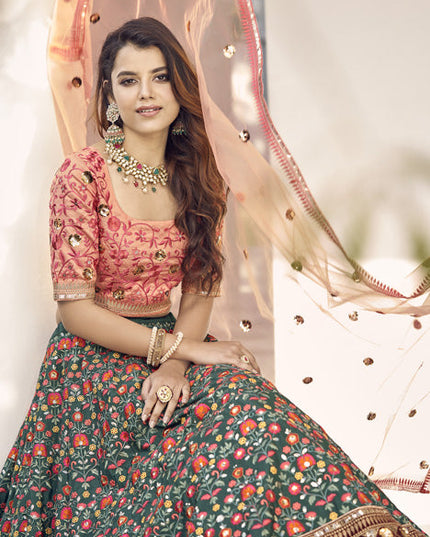 Flawless Pine Green Art Silk Embroidered Wedding Lehenga Choli