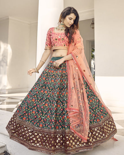 Flawless Pine Green Art Silk Embroidered Wedding Lehenga Choli