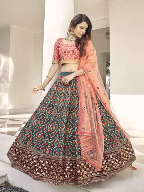 Flawless Pine Green Art Silk Embroidered Wedding Lehenga Choli