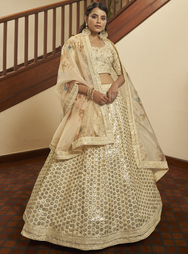 Charming Ivory Art Silk Sequins Wedding Lehenga Choli
