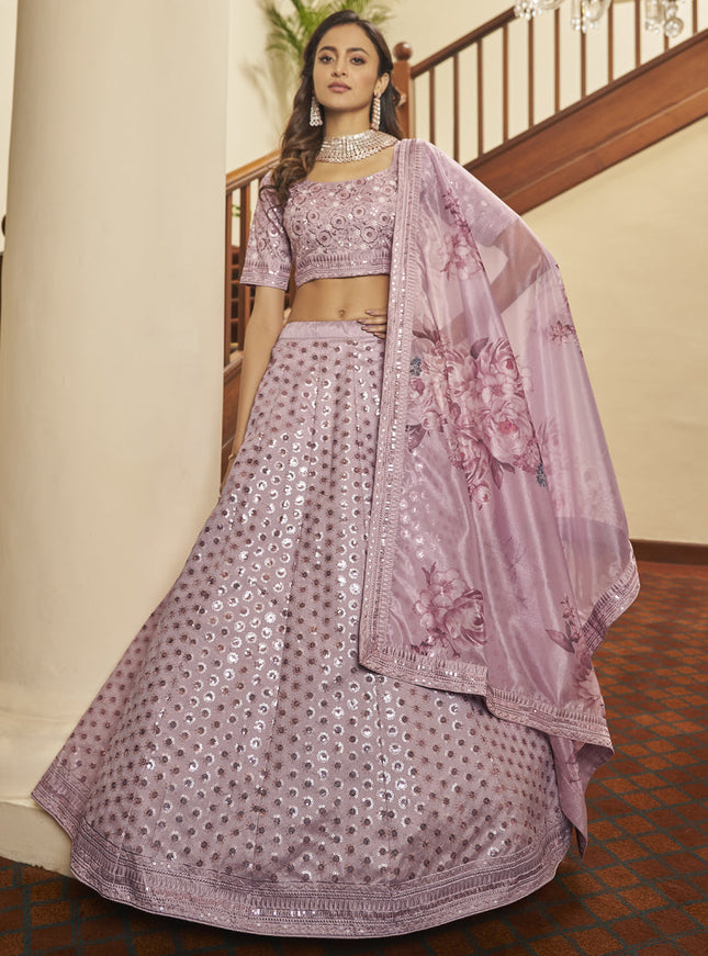 Trendsetting Lilac Pink Silk Sequins Wedding Lehenga Choli